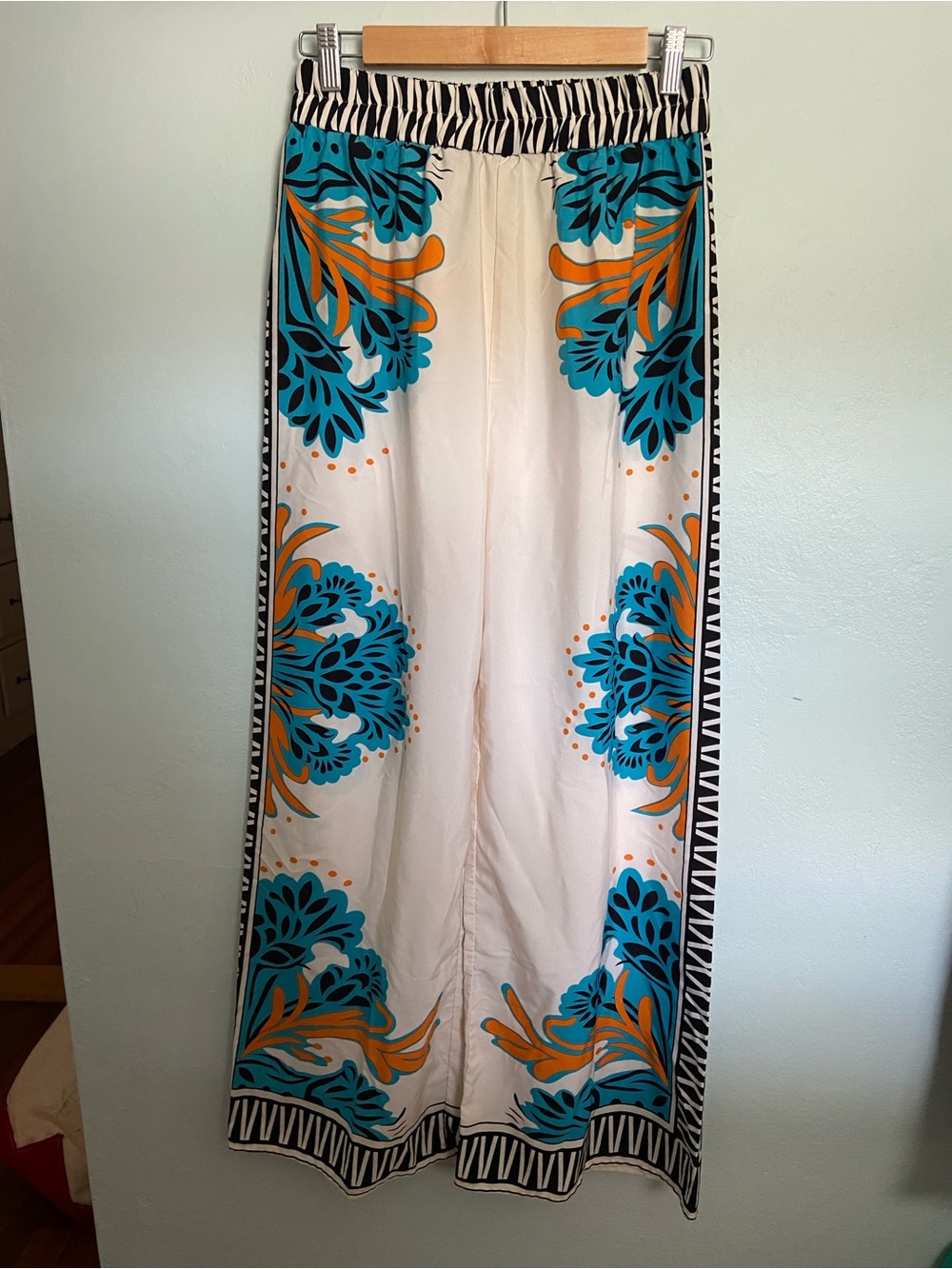 Wide-Leg Floral Print Pants in Cream, Teal & Orange